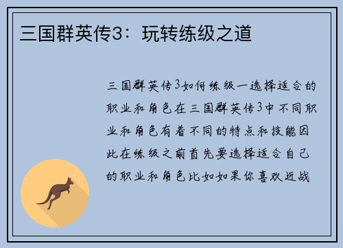 三国群英传3：玩转练级之道