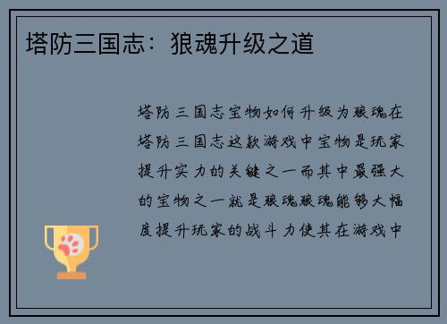 塔防三国志：狼魂升级之道